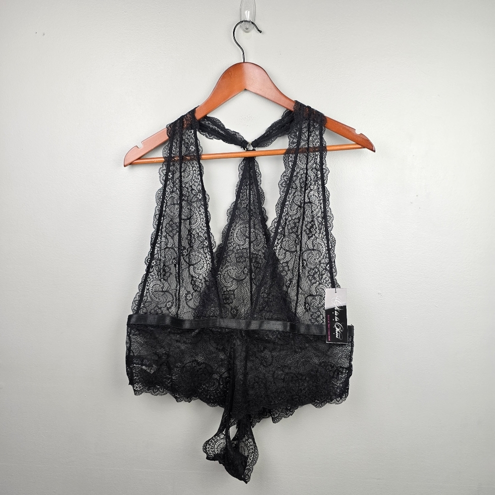 Oh La La Cheri Plunging Lace Halter Teddy‎ With Tanga Back Black Womens Sz 3X 4X